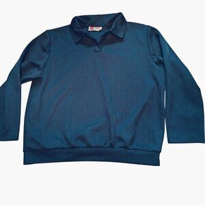 Haband Mens Collared Long Sleeve Pullover Shirt Navy Blue Large Vintage Retro